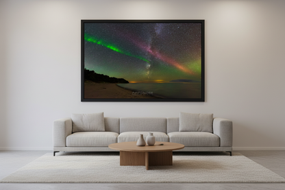 Large fine art landscape print of S.T.E.V.E. aurora and Milky Way simultaneously over Lake Michigan at Christmas Cove Beach Northport Michigan September 19 2023 at 12:18am displayed in modern living room