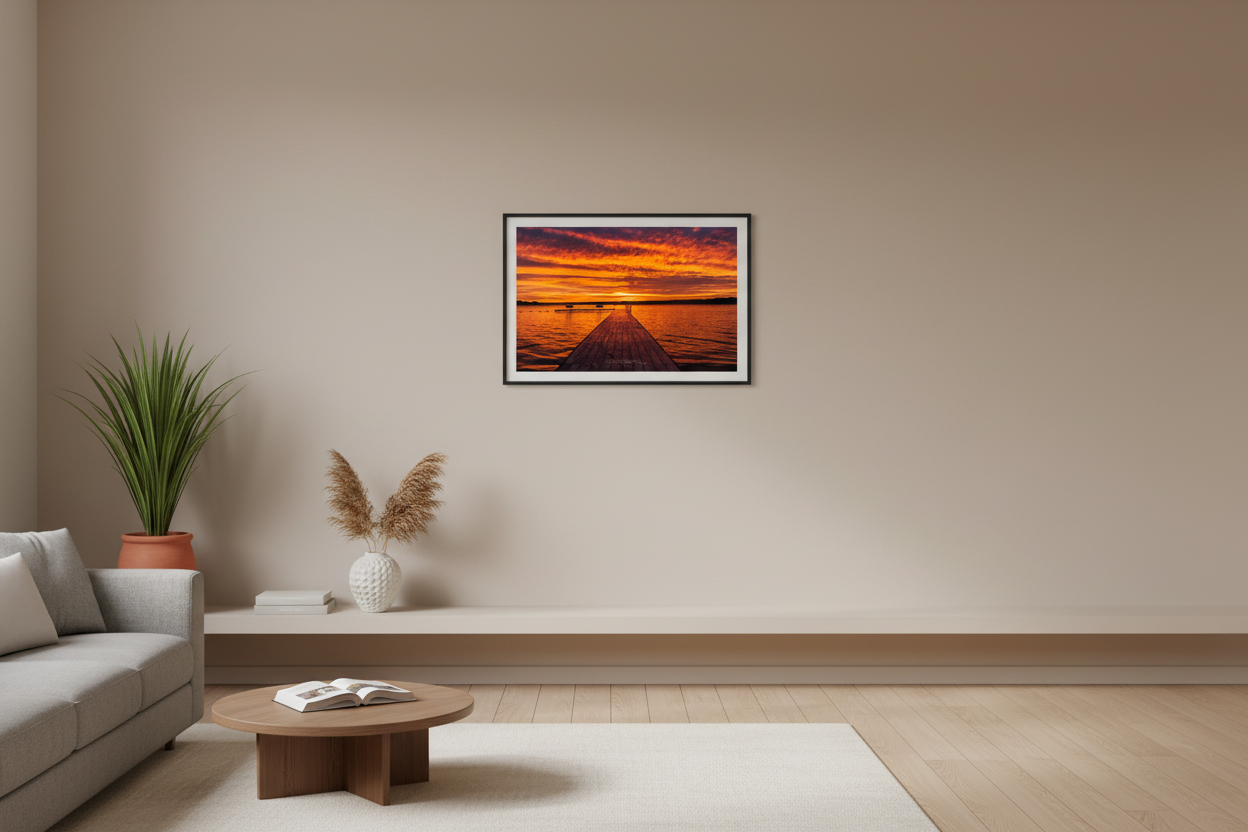 Small fine art landscape print of brilliant orange sunrise over Lake Leelanau dock from Leland Michigan displayed in modern living room