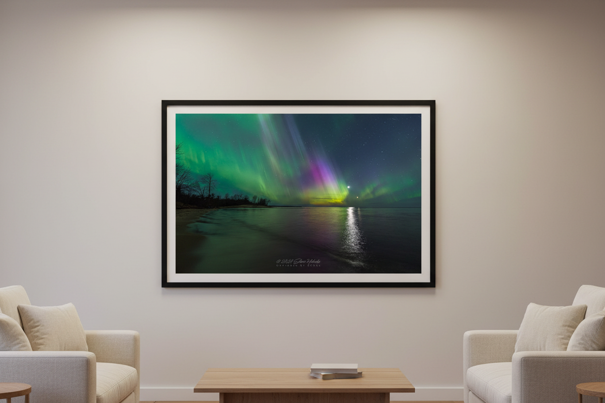 Large fine art landscape print of vivid green and magenta aurora curtains with Moon and Venus reflecting over Misery Bay Lake Superior Michigan Upper Peninsula April 24 2023 displayed in modern living room