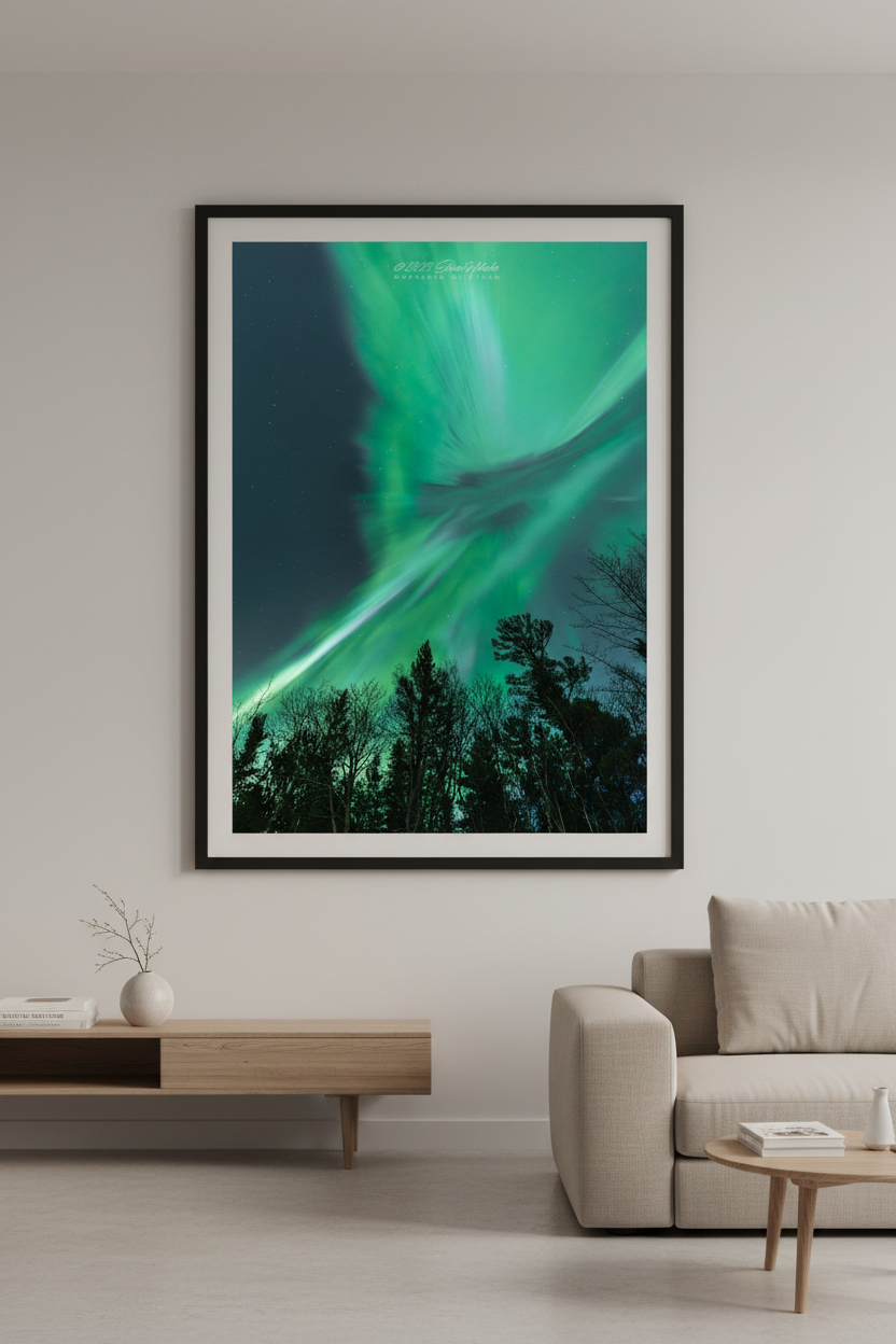 Large fine art portrait print of explosive overhead aurora corona swirling green curtains above silhouetted pine trees Lake Superior shoreline Michigan Upper Peninsula April 24 2023 displayed in modern living room