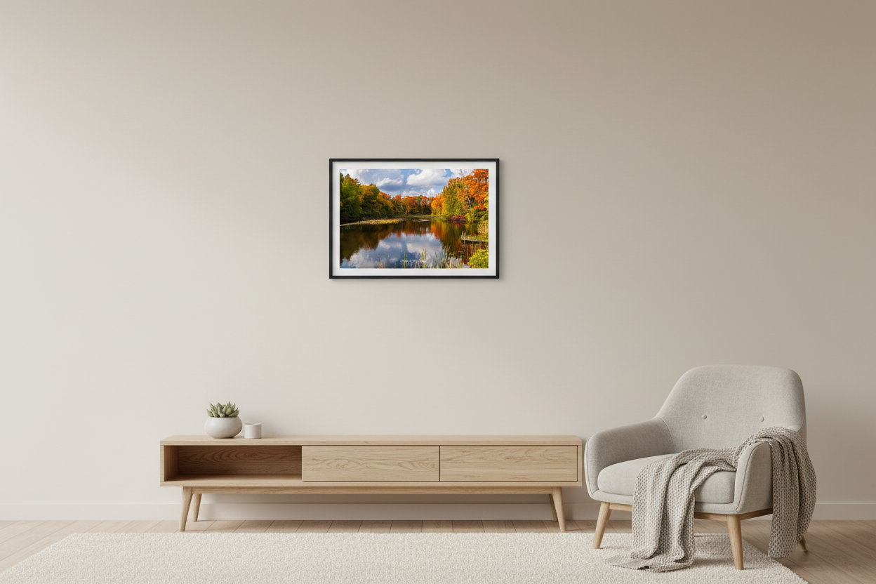 Small fine art landscape print of fall color reflections at Belanger Creek Michigan displayed in modern living room