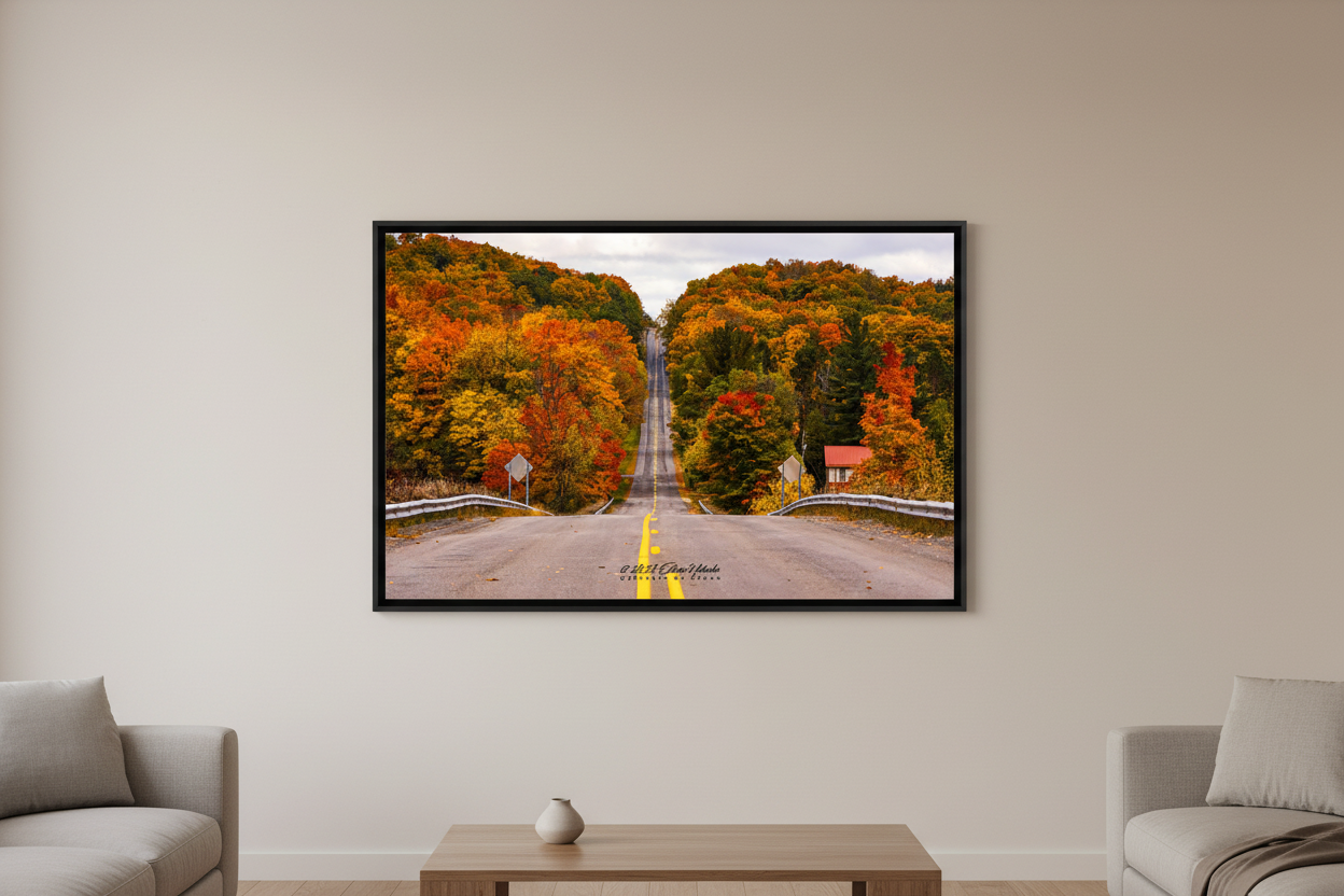 Large fine art landscape print of a road tunneling through peak autumn color in Manistee County Michigan displayed in modern living room