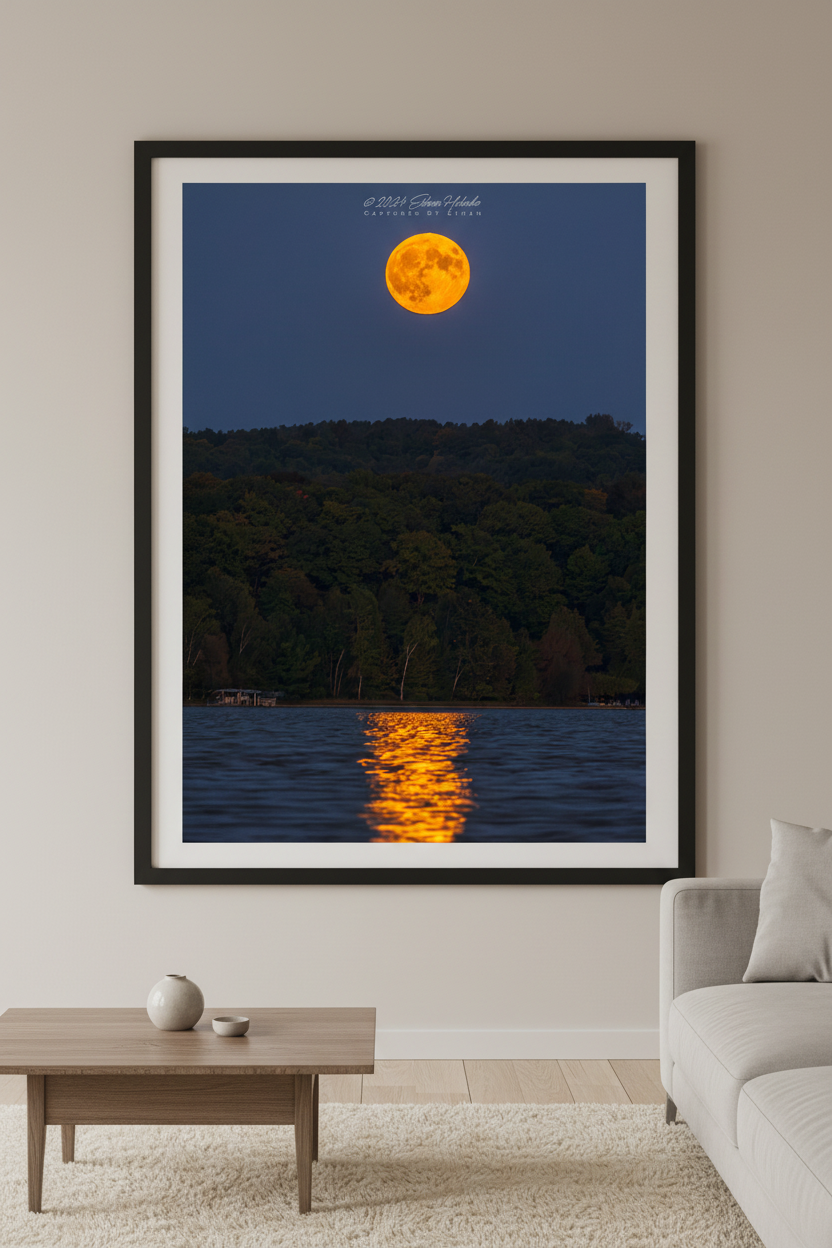 Large fine art portrait print of golden orange full harvest supermoon rising over Lake Leelanau with shimmering moonpath reflection on rippled water and dark deciduous hillside silhouette deep blue twilight sky Leland Michigan displayed in modern living room