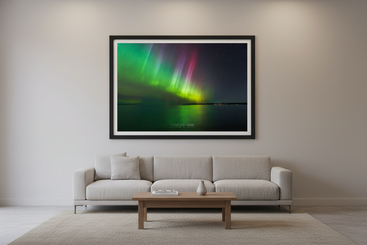 Large fine art landscape print of dramatic green yellow and magenta aurora pillars over the Manitou Passage in Lake Michigan at Sleeping Bear Dunes Michigan March 23 2023 displayed in modern living room