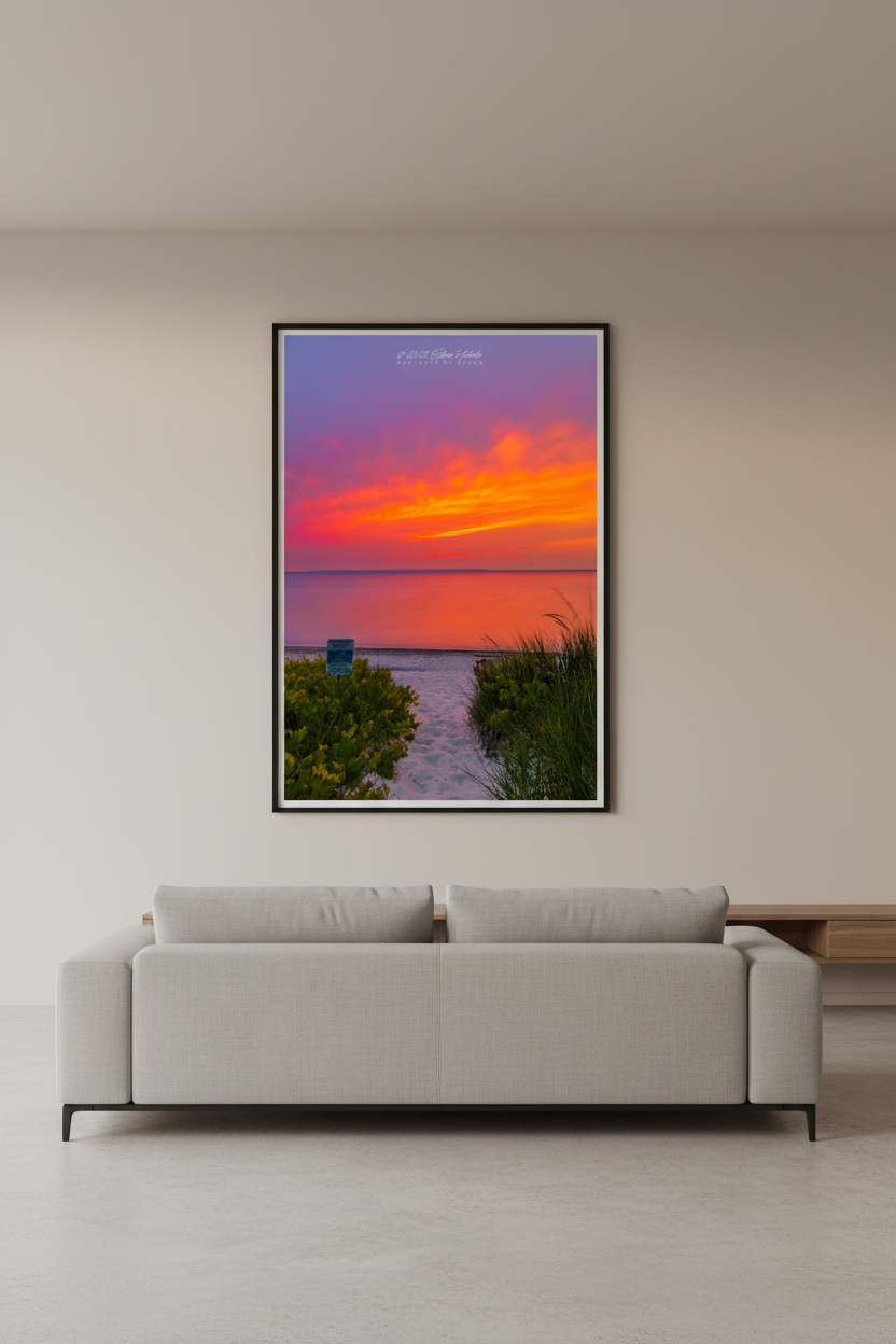 Large fine art portrait long exposure print of sandy beach path framed by dune grass and shrubs leading to glassy calm lake reflecting vivid red orange and purple sunset sky June 2023 displayed in modern living room