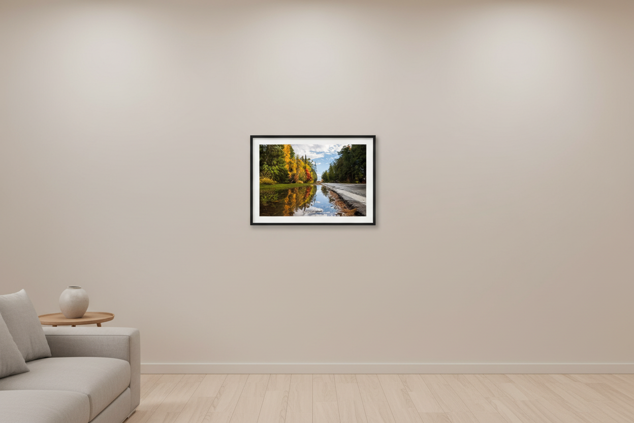 Small fine art landscape print of fall color reflecting in a roadside rain puddle in Leelanau County Michigan displayed in modern living room