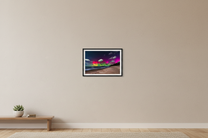 Small fine art landscape print of vivid magenta crimson and green Northern Lights aurora pillars over Lake Michigan beach near Leland Michigan December 1 2023 at 6:17am with dramatic clouds lit by aurora glow displayed in modern living room