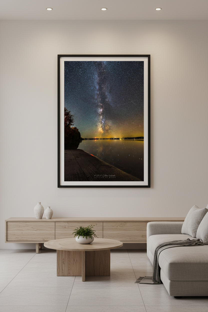 Large fine art portrait print of the Milky Way galactic core rising vertically over calm Lake Leelanau from Suelzer Park Michigan September 28 2024 at 9:42pm with amber gold horizon glow and star reflections on glassy water displayed in modern living room