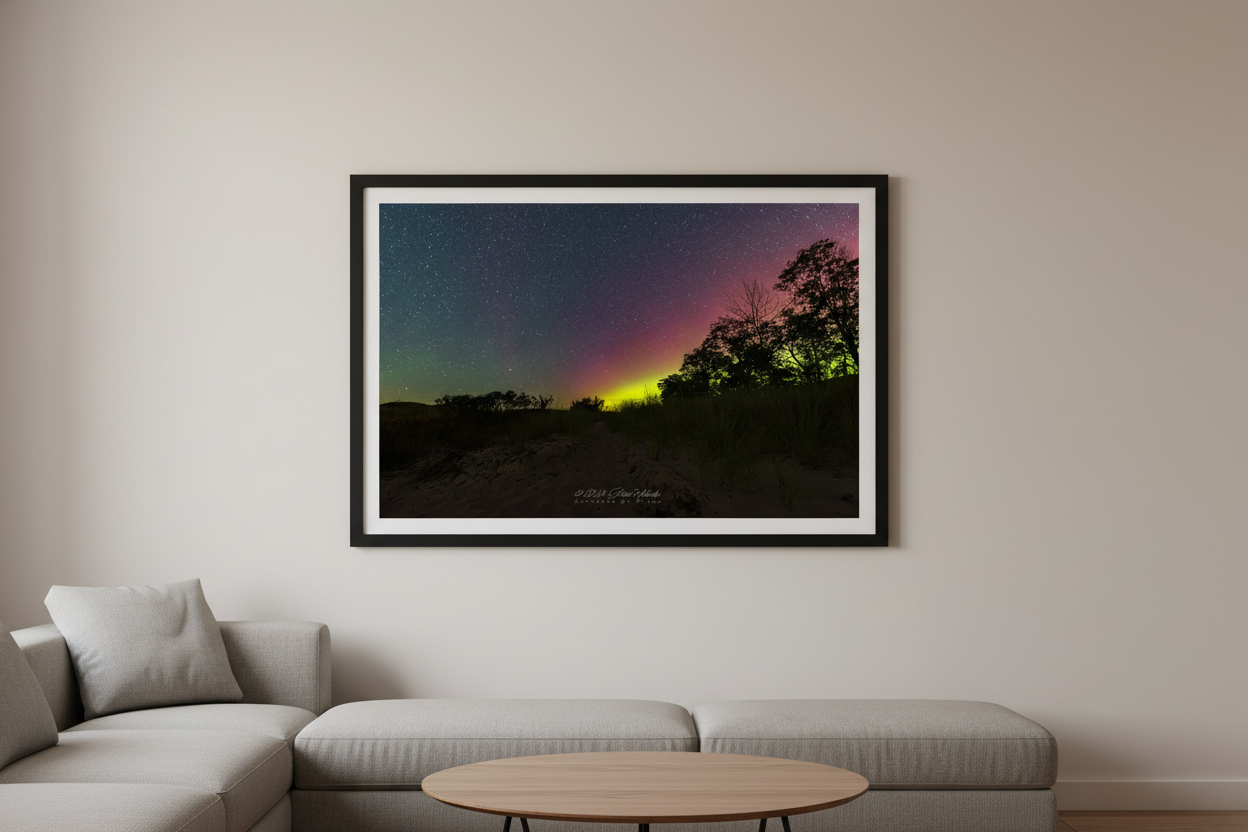 Large fine art print of crimson magenta and lime green Northern Lights aurora over North Bar Lake dune path with dramatic single tree silhouette and dune vegetation Sleeping Bear Dunes displayed in modern living room