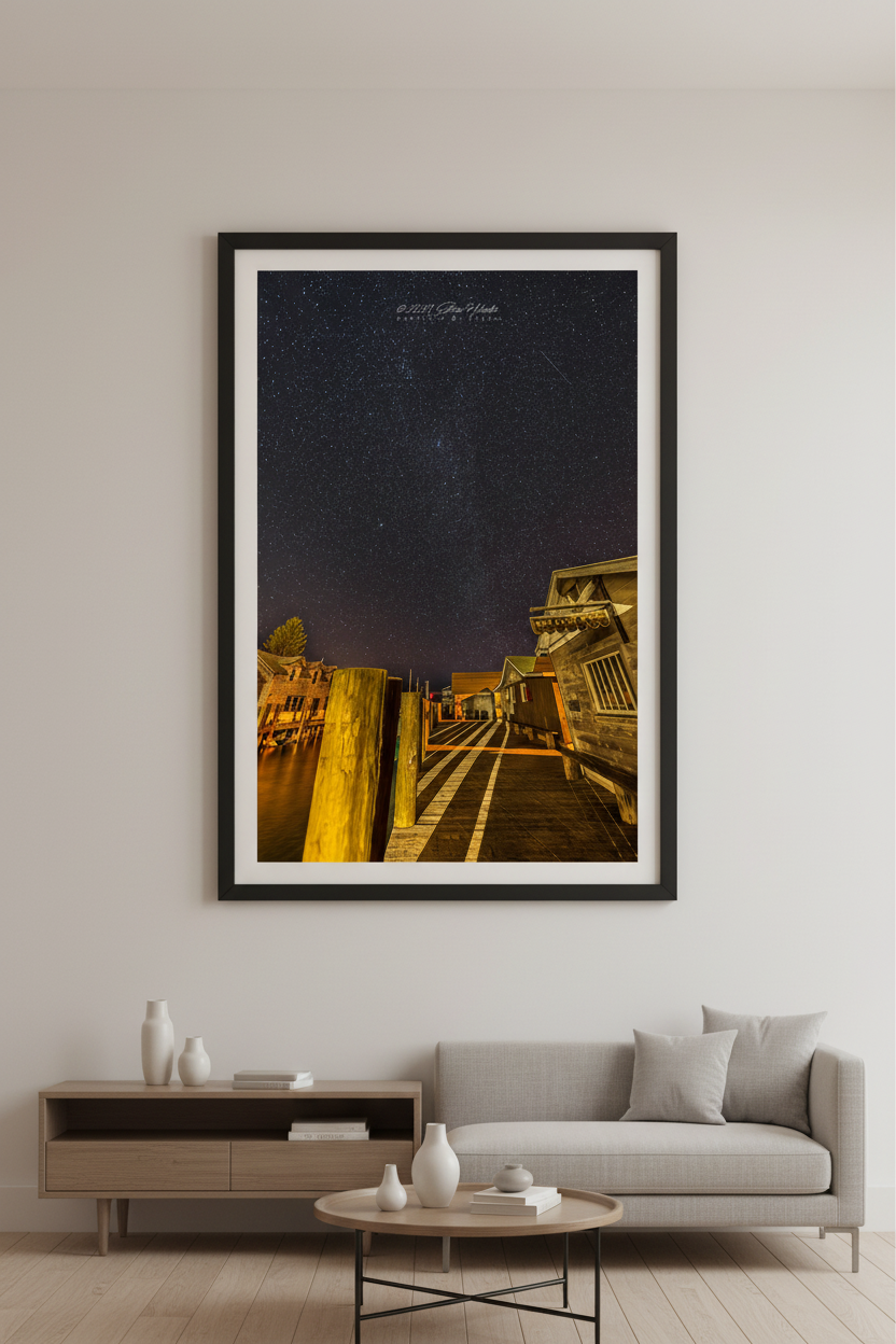 Large fine art portrait print of star-filled night sky over Fishtown docks Leland River with warm golden dock lighting and DAM Candy Store Leland Michigan February 11 2023 displayed in modern living room