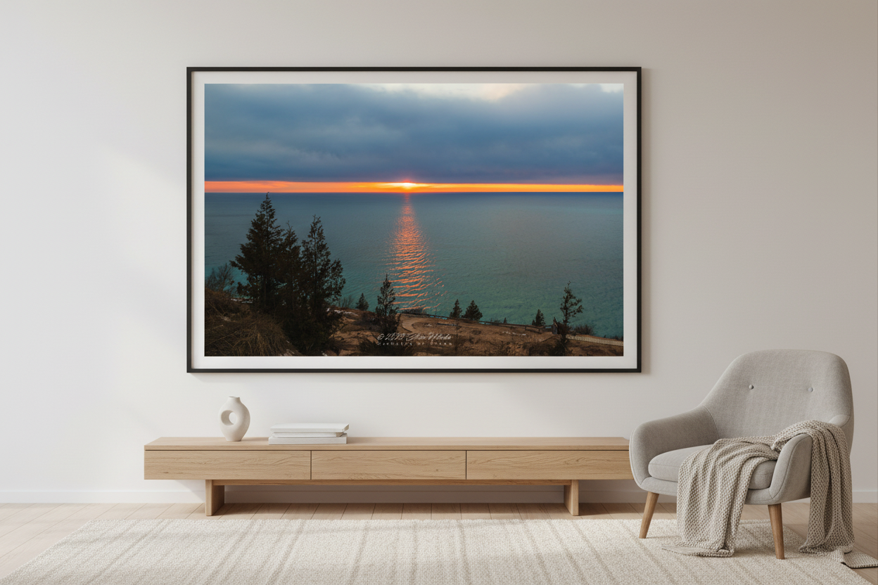 Large fine art landscape print of glowing orange sunset stripe on horizon with golden reflection path across turquoise Lake Michigan viewed from Empire Bluffs overlook with silhouetted evergreens Sleeping Bear Dunes April 2023 displayed in modern living room