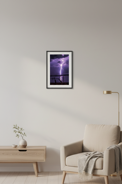 Small fine art portrait print of Morning Jolt lightning over Lake Leelanau displayed in modern living room