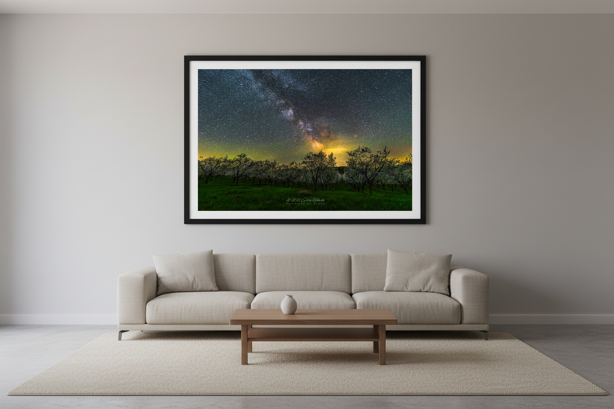 Large fine art landscape print of the Milky Way core rising above rows of blooming cherry trees with warm golden horizon glow and lush green grass in foreground May 15 2023 displayed in modern living room