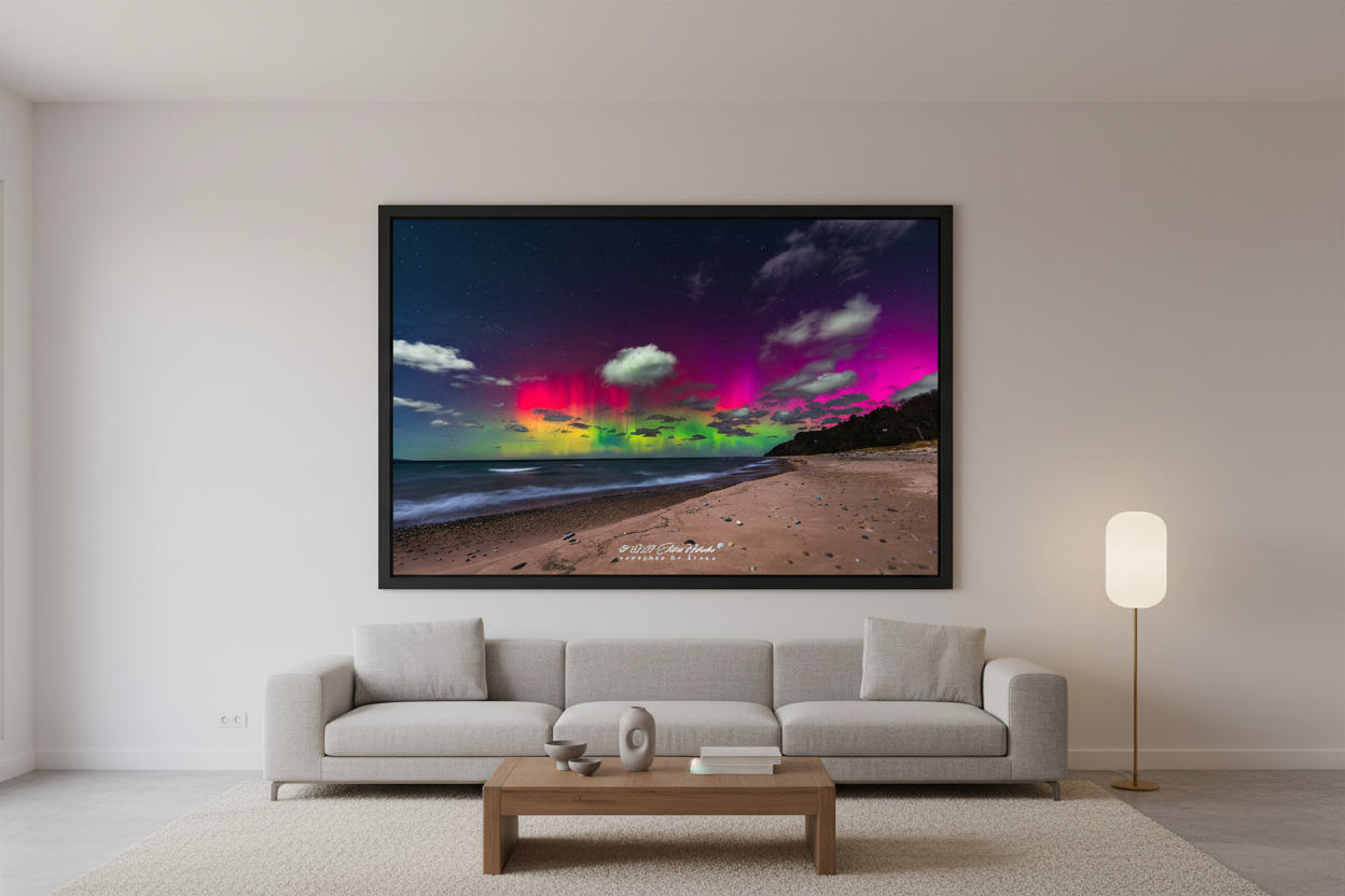 Large fine art landscape print of vivid magenta crimson and green Northern Lights aurora pillars over Lake Michigan beach near Leland Michigan December 1 2023 at 6:17am with dramatic clouds lit by aurora glow displayed in modern living room
