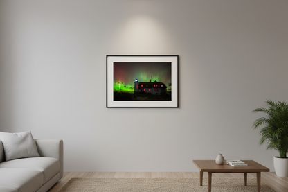 Small fine art landscape print of the aurora borealis over Point Betsie Lighthouse Michigan displayed in modern living room