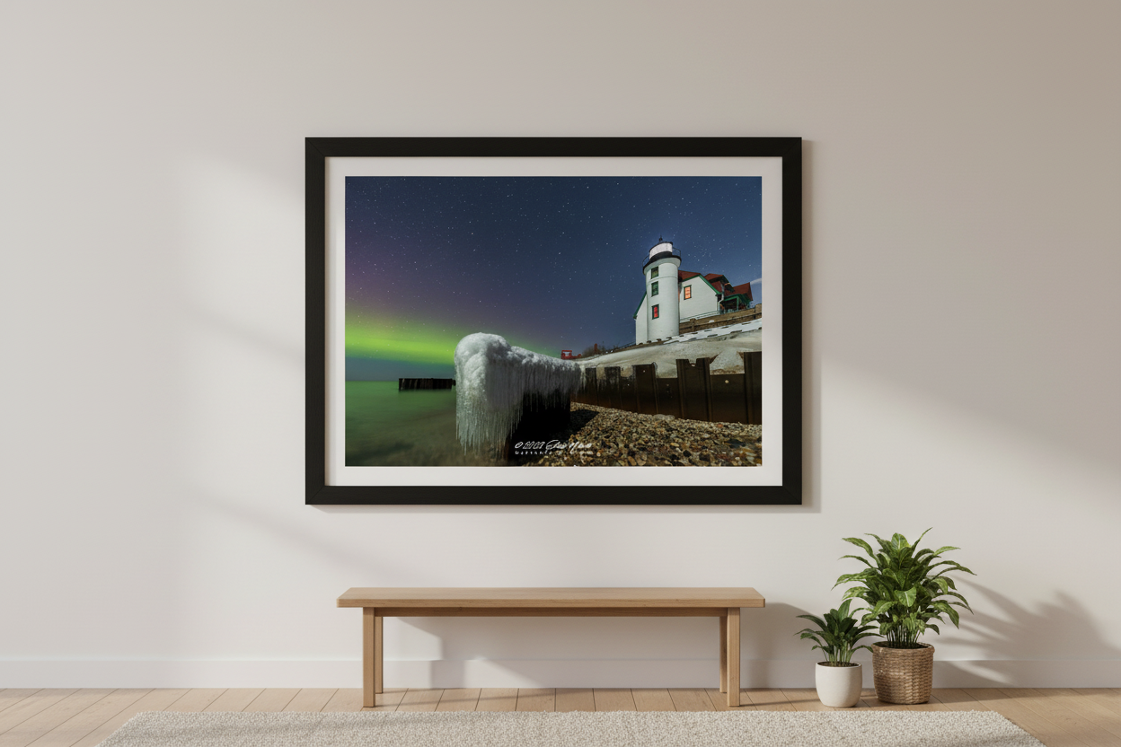 Large fine art landscape print of green and purple Northern Lights aurora over Point Betsie Lighthouse with dramatic ice formation and icicles on Lake Michigan shoreline February 26 2023 displayed in modern living room
