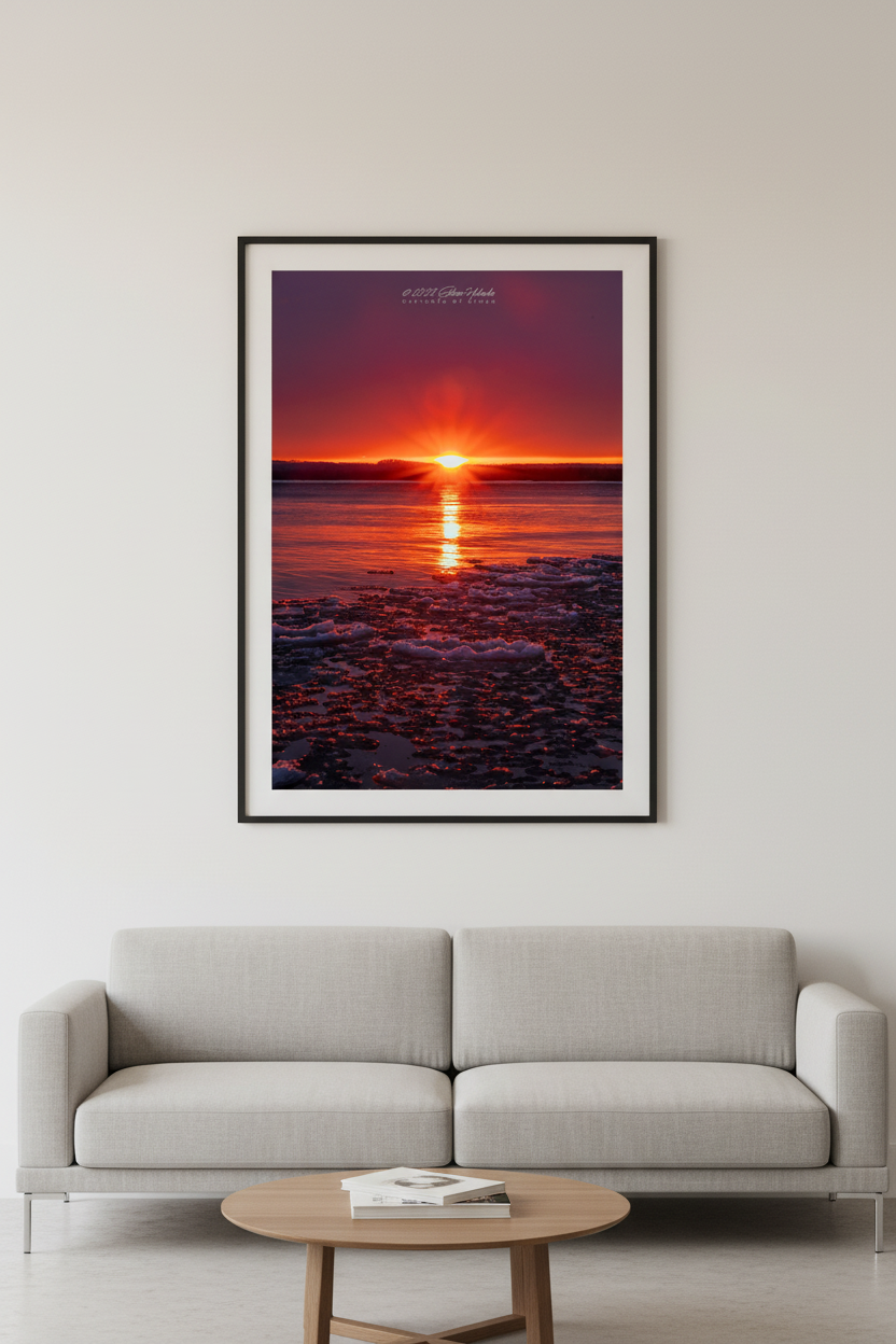 Large fine art portrait print of blazing crimson sunrise with glowing pancake ice floes on Good Harbor Bay Michigan February 2023 displayed in modern living room