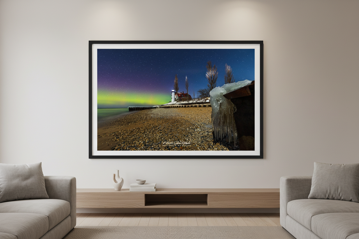 Large fine art landscape print of vivid green and magenta aurora borealis over Point Betsie Lighthouse on a snowy winter night with rocky beach ice formations and wooden pier Lake Michigan Michigan February 26 2023 displayed in modern living room