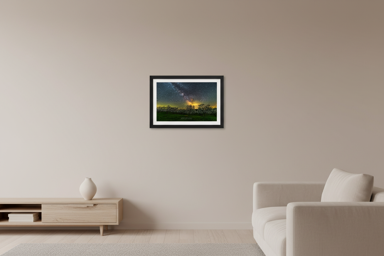 Small fine art landscape print of the Milky Way core rising above rows of blooming cherry trees with warm golden horizon glow and lush green grass in foreground May 15 2023 displayed in modern living room
