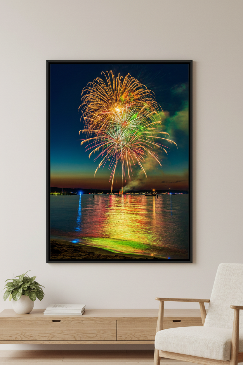 Large fine art portrait print of Traverse City Cherry Festival 2024 finale fireworks featuring golden chrysanthemum dome burst with white starburst core pink streamers and vivid green accent over Grand Traverse Bay from Clinch Park Beach displayed in modern living room