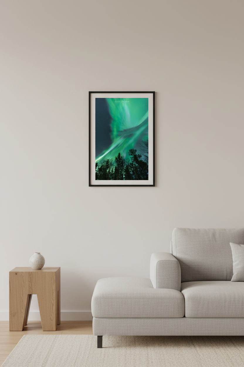 Small fine art portrait print of explosive overhead aurora corona swirling green curtains above silhouetted pine trees Lake Superior shoreline Michigan Upper Peninsula April 24 2023 displayed in modern living room