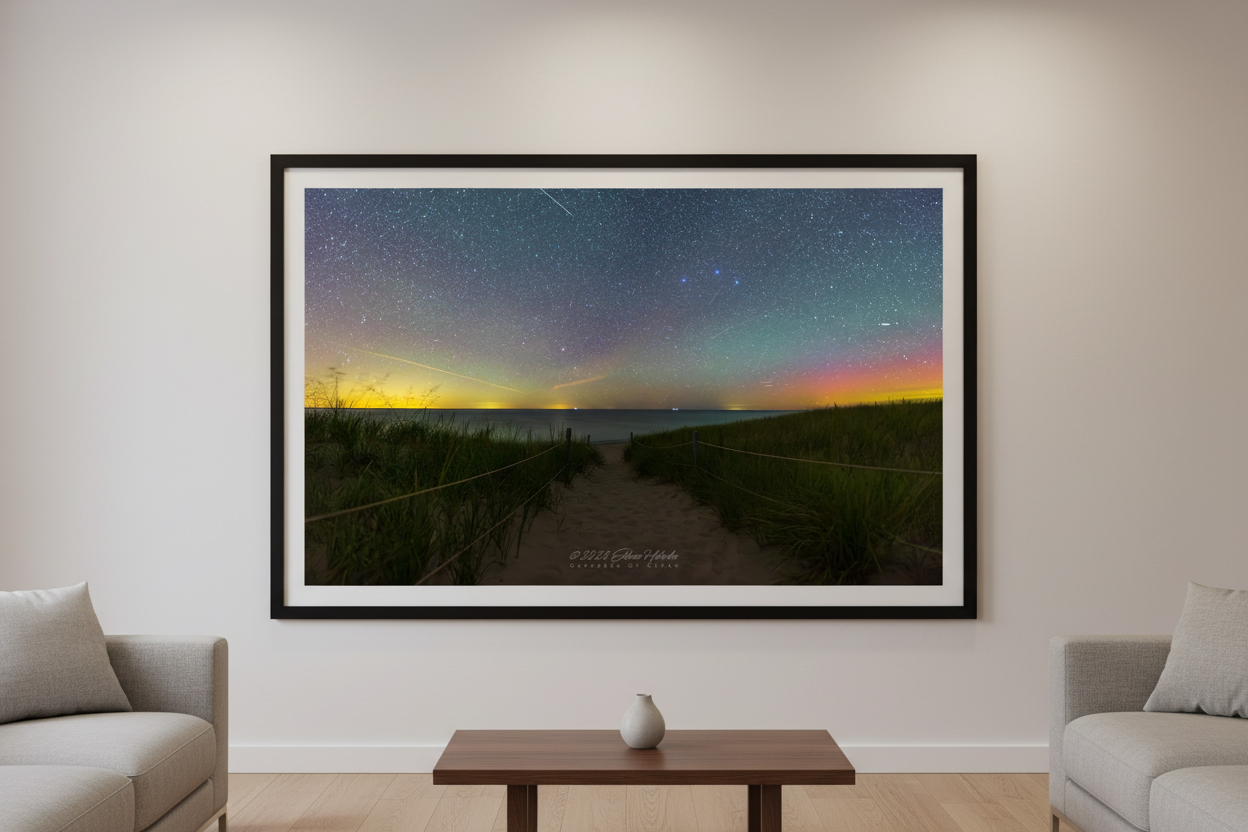 Large fine art landscape print of starry night sky with warm horizon glow subtle aurora and meteor above North Bar Lake beach trail rope fence Sleeping Bear Dunes Lake Michigan August 31 2022 displayed in modern living room