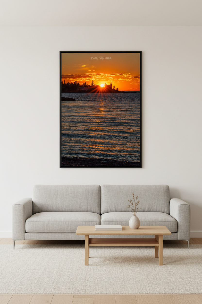 Large fine art portrait print of sunburst sunset over Eagle Harbor Lighthouse Michigan displayed in modern living room