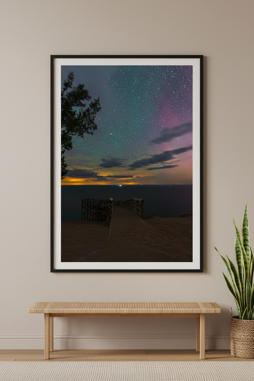 Large fine art portrait print of starry night sky with aurora glow from the historic Overlook 9 at Sleeping Bear Dunes Michigan July 23 2022 with golden horizon and purple aurora displayed in modern living room