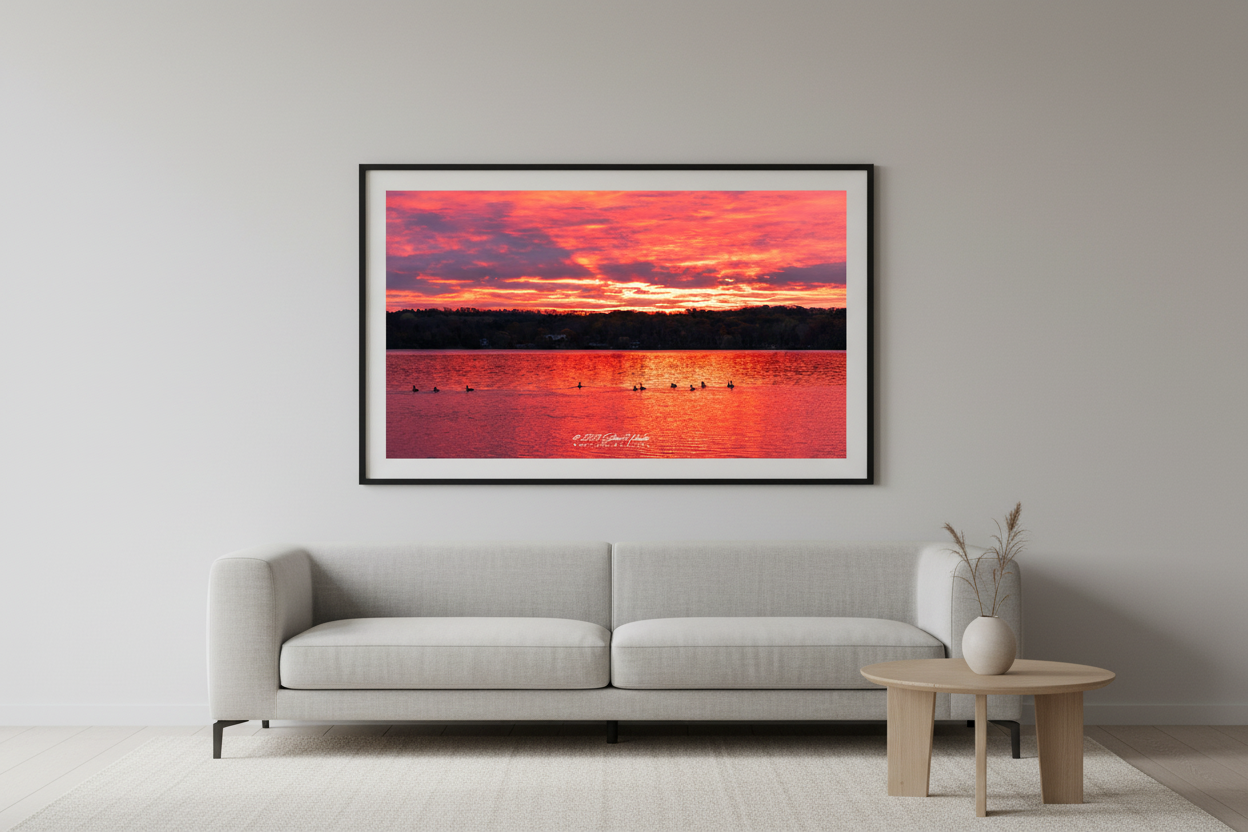 Large fine art landscape print of vivid magenta sunrise with geese silhouettes over Lake Leelanau on Veterans Day 2023 displayed in modern living room
