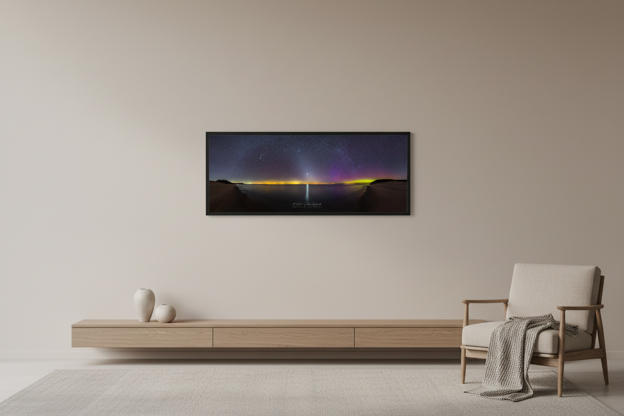 Small fine art ultra-wide panoramic print of Milky Way and aurora borealis with multi-color northern lights over Lake Michigan from North Bar Beach near Empire Michigan March 14 2023 displayed in modern living room