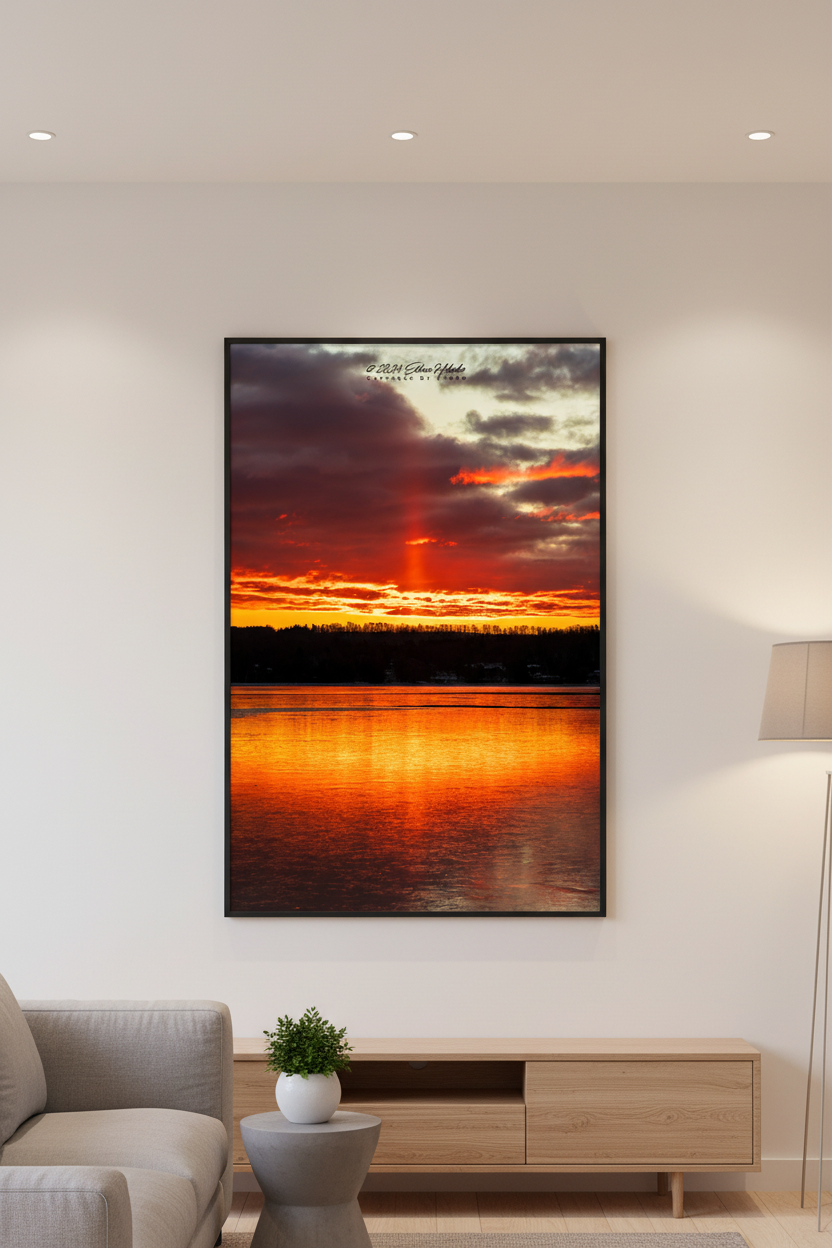 Large fine art portrait print of a sun pillar sunrise over Lake Leelanau Michigan with fiery red sky and water reflection displayed in modern living room
