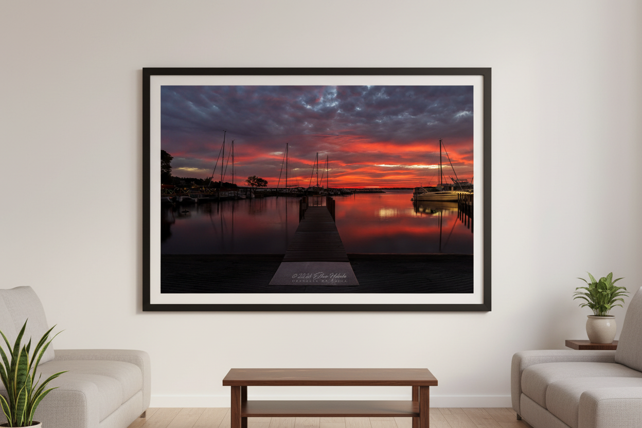 Large fine art print of blazing red fire sunrise over Northport Marina with dock leading line sailboat mast silhouettes and perfect mirror reflection in calm harbor water displayed in modern living room