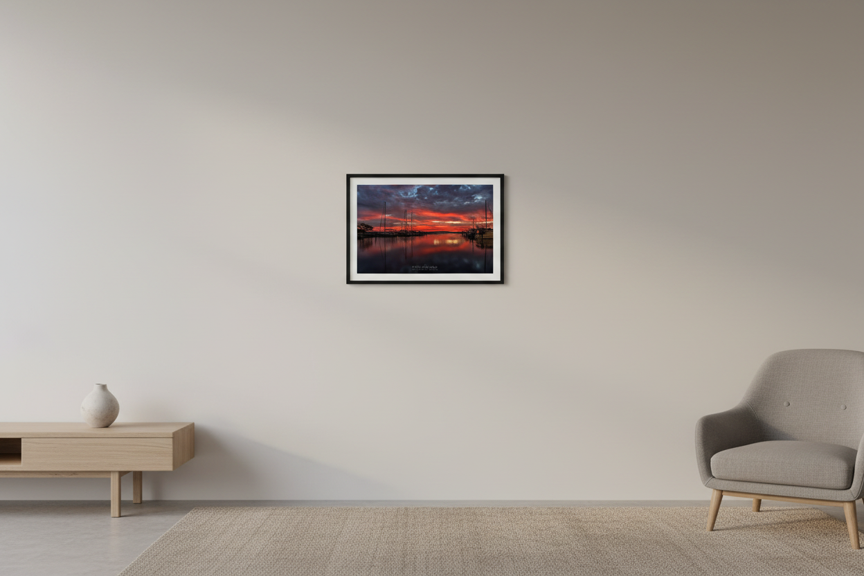 Small fine art landscape print of fiery red sunrise over Northport Marina sailboats with glassy water reflection displayed in modern living room