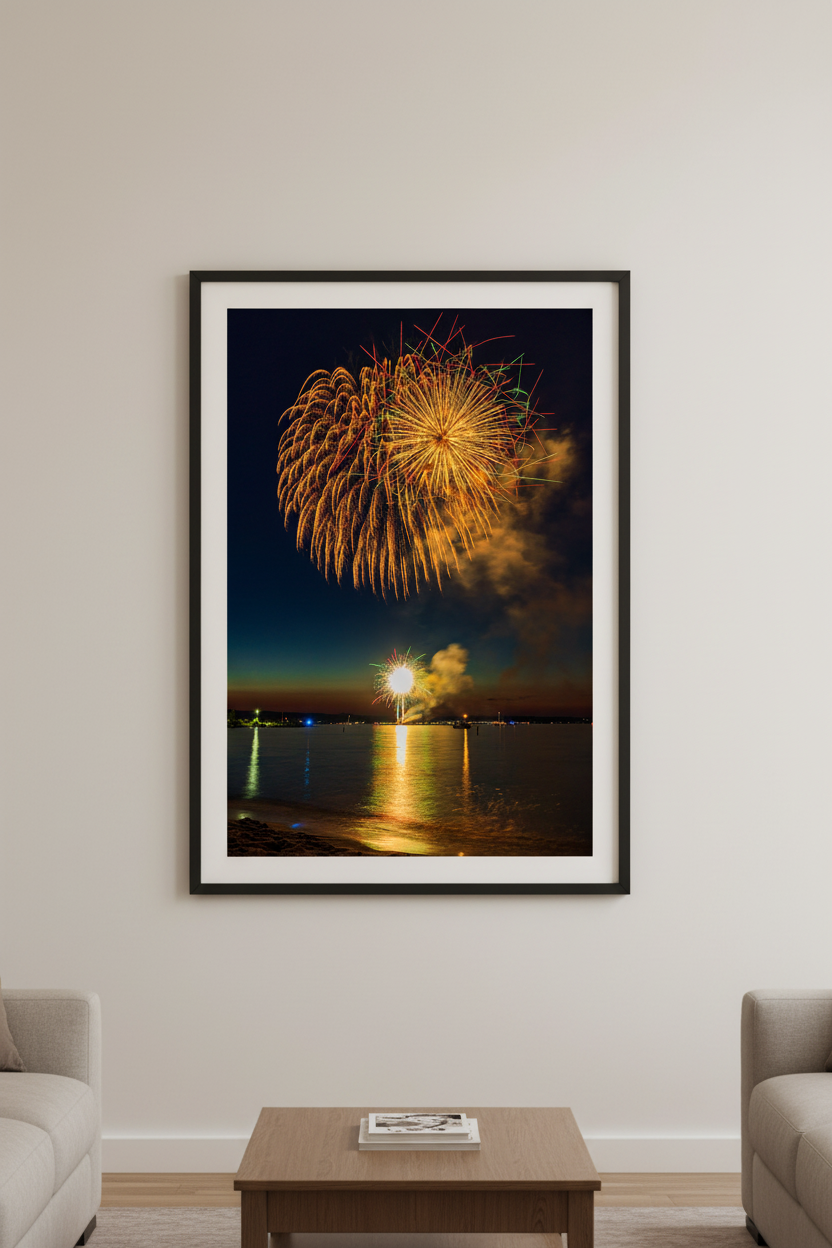 Large fine art portrait print of Traverse City Cherry Festival 2024 finale fireworks featuring two simultaneous bursts at different heights with massive golden chrysanthemum dome and small horizon starburst over Grand Traverse Bay from Clinch Park Beach displayed in modern living room