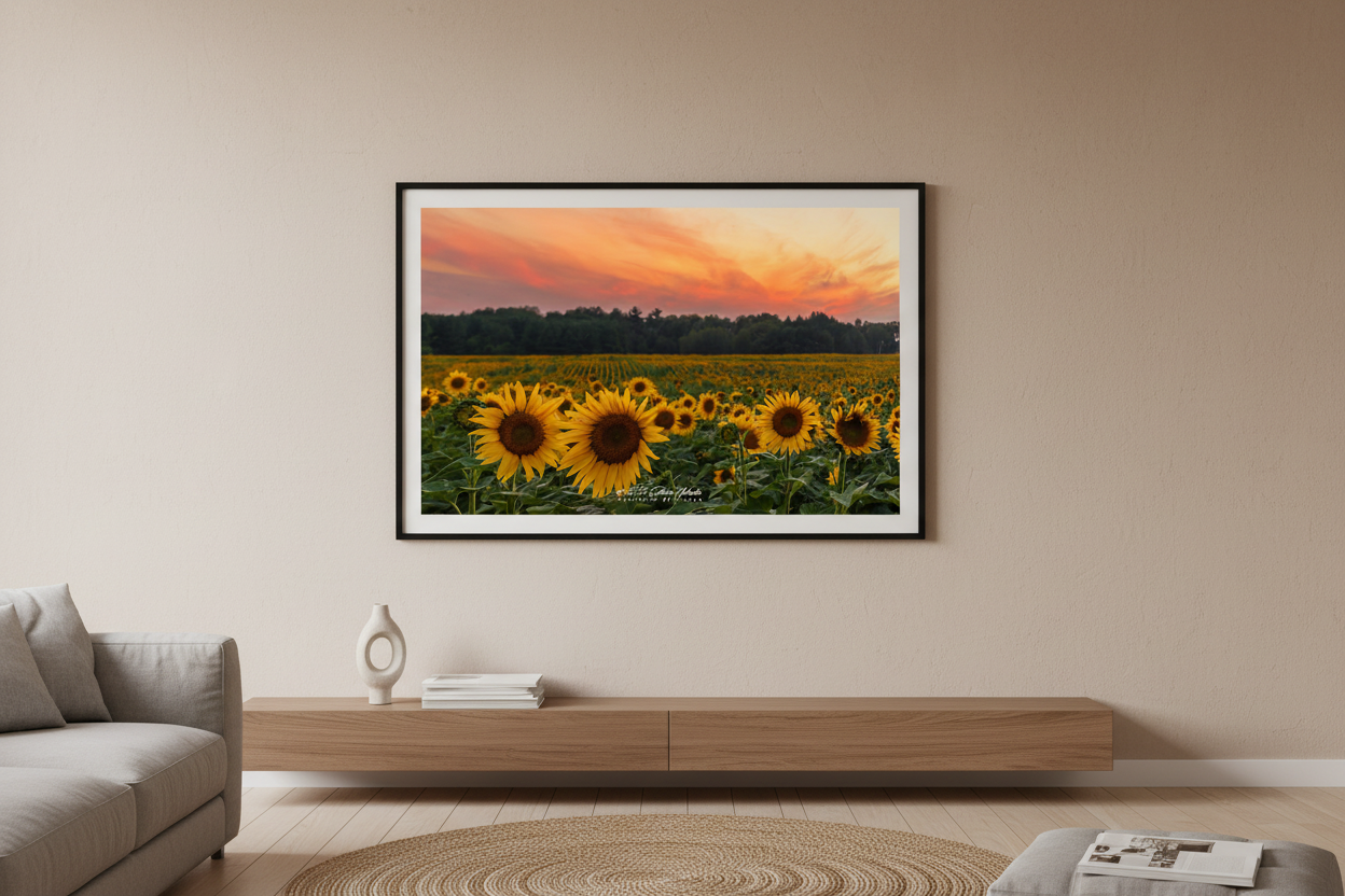 Large fine art landscape print of vibrant sunflower field at golden hour with dramatic orange and pink sunset sky over silhouetted treeline at Maple Bay August 2023 displayed in modern living room