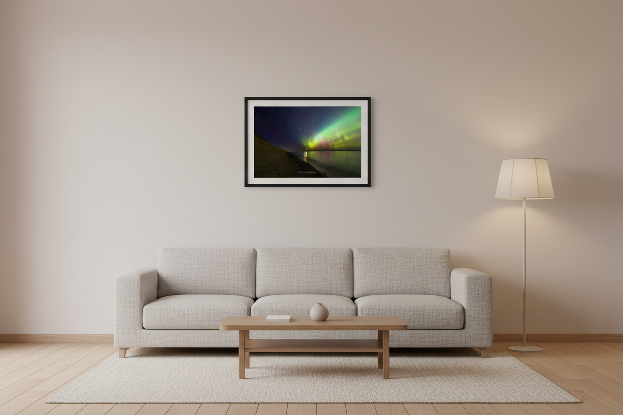 Small fine art landscape print of green and yellow-green Northern Lights aurora curtains over Lake Michigan with moon reflection and sandy bluff at Sleeping Bear Dunes Michigan March 23 2023 at 10:19pm displayed in modern living room