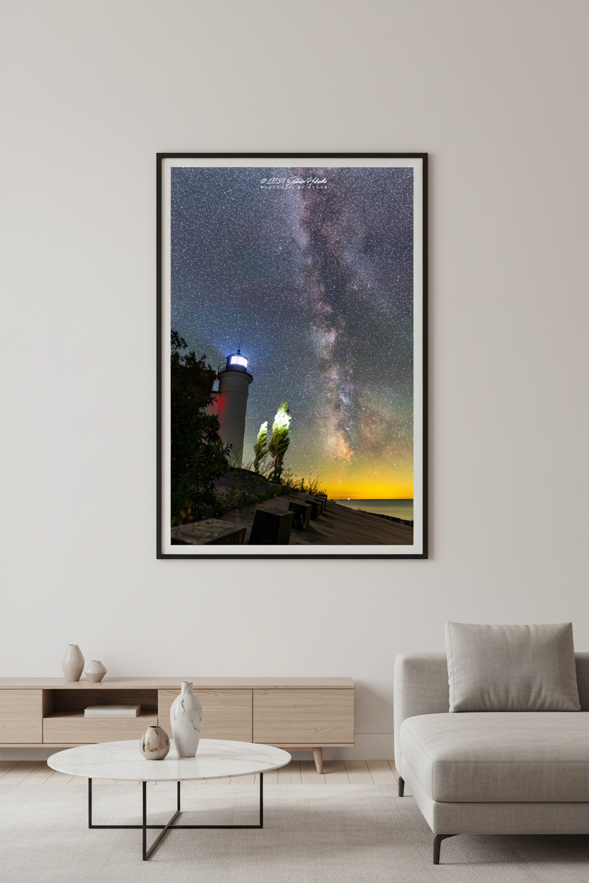 Large fine art portrait print of the Milky Way rising above the glowing Point Betsie Lighthouse on Lake Michigan Michigan August 5 2022 at 1:25am with golden horizon and star-filled sky displayed in modern living room