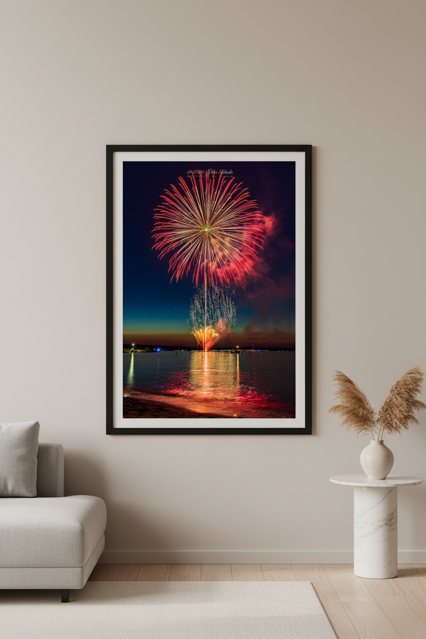 Large fine art portrait print of Traverse City Cherry Festival 2024 finale fireworks featuring perfect spherical red peony burst with gold launch trail and star-filled sky over Grand Traverse Bay from Clinch Park Beach displayed in modern living room