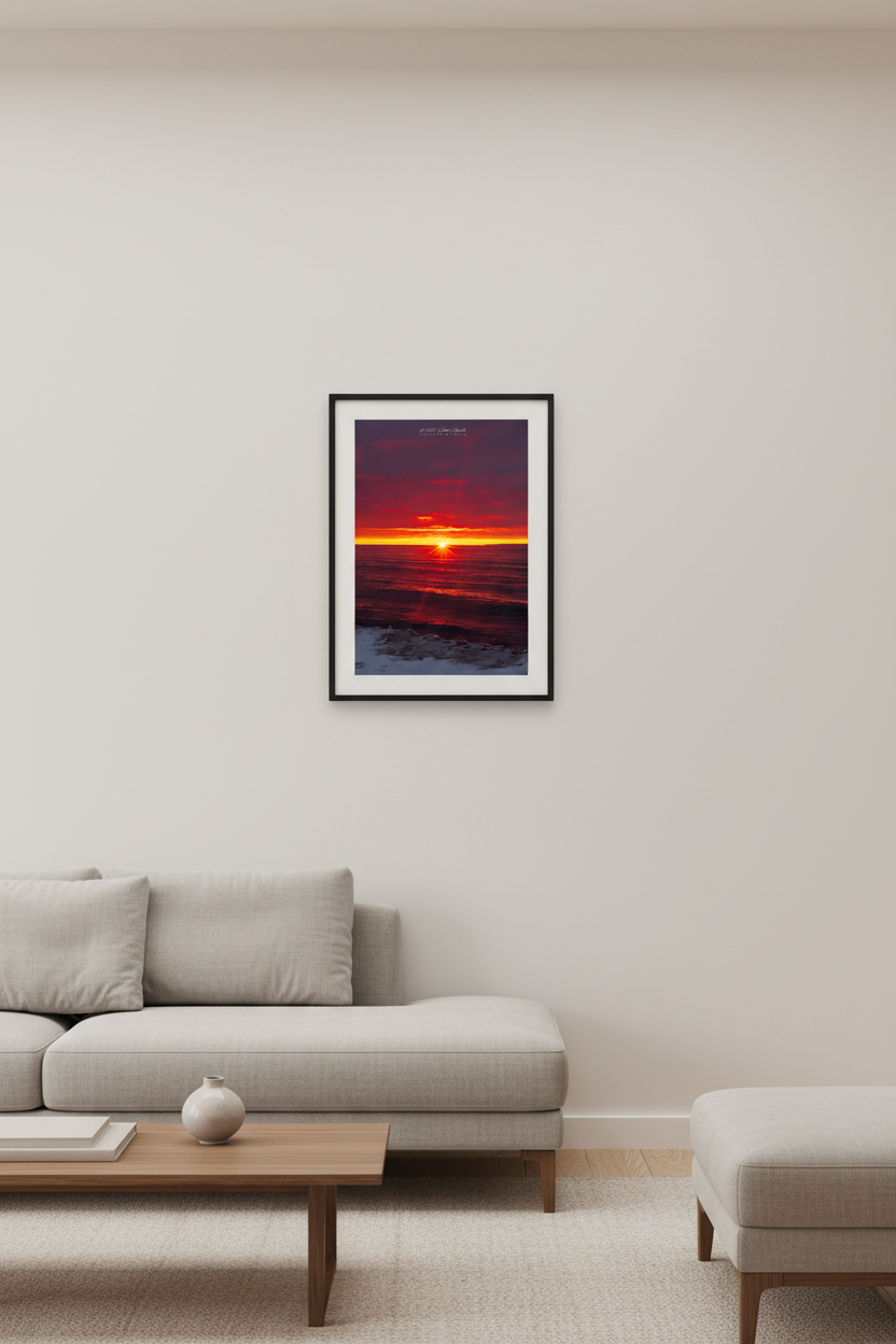 Small fine art portrait print of starburst sunset with deep crimson and purple clouds blazing yellow-orange horizon golden reflection across dark Lake Michigan waves and snow-dusted icy shoreline at Van's Beach Leland Michigan March 2023 displayed in modern living room