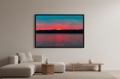 Large fine art print of Lake Leelanau fire sunset afterglow pure minimalist composition smooth atmospheric sky gradient red-orange to salmon-pink to dusty mauve to soft teal-blue no foreground objects teal-dominant water scattered red-pink ripple reflections Leland Michigan displayed in modern living room