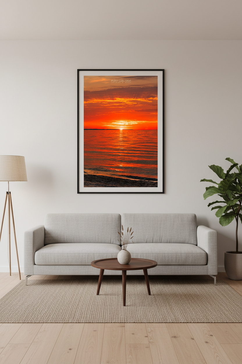 Large fine art portrait print of deep crimson orange sunset with golden reflection path across glassy calm Lake Michigan water Leland Michigan September 2024 displayed in modern living room
