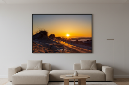 Large fine art landscape print of golden sunburst sunrise over wind-sculpted Sleeping Bear Dunes with dune grass silhouettes Michigan March 2023 displayed in modern living room