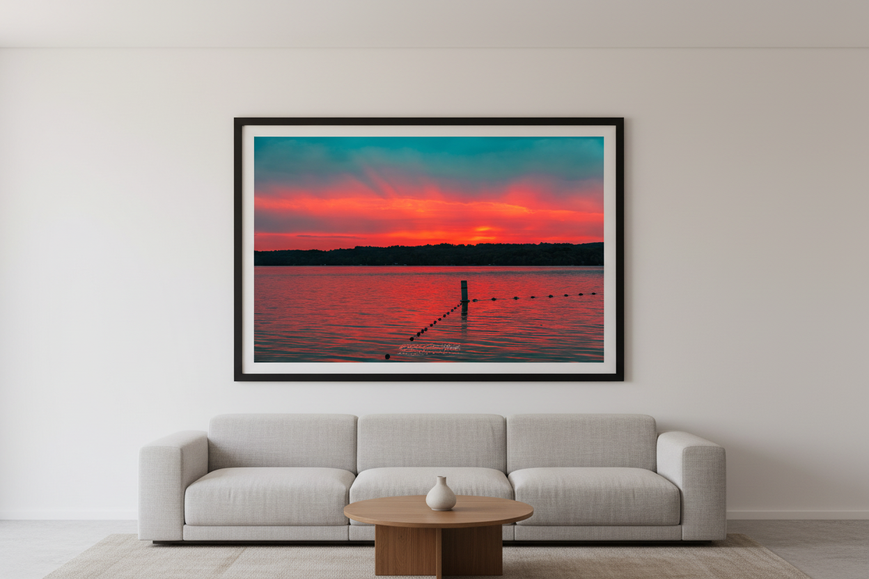 Large fine art print of Lake Leelanau fire sunset afterglow with single wooden swim rope post V-shaped buoy lines vivid saturated teal sky sweeping crimson orange cloud band golden afterglow at treeline vast open water foreground no dock Leland Michigan displayed in modern living room