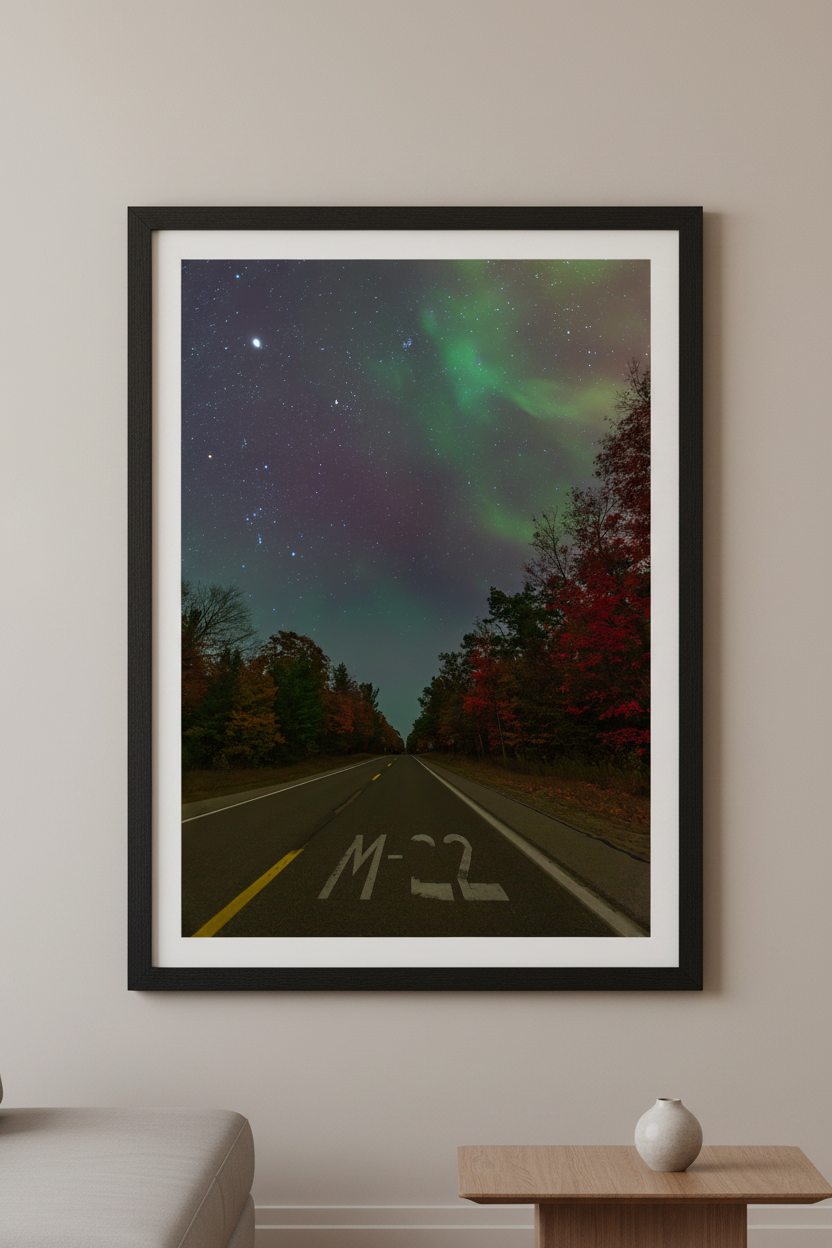Large fine art portrait print of M-22 road marking on highway looking south flanked by vivid autumn red foliage with soft green aurora wisps and star-filled sky including Orion and Pleiades at 4:14am October 11 2024 displayed in modern living room