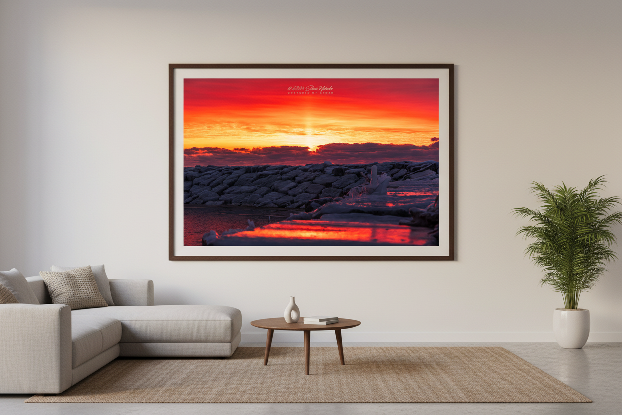 Large fine art landscape print of sun pillar sunset over icy breakwall in Leland, Lake Michigan displayed in modern living room