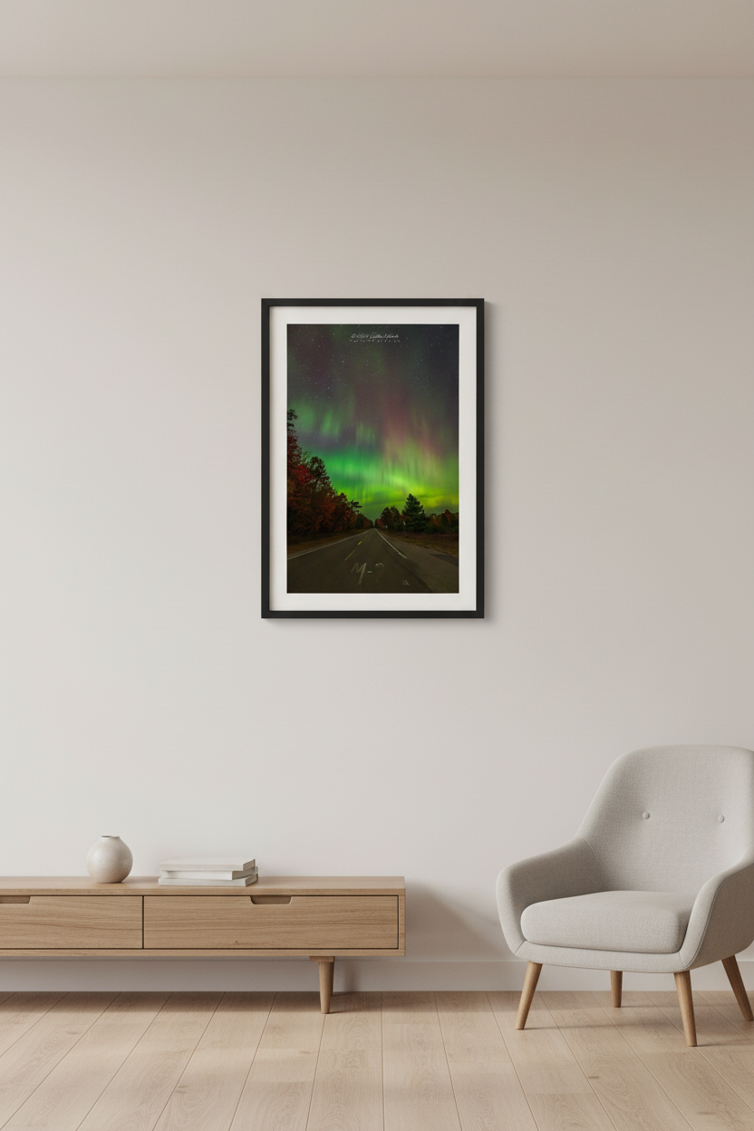 Small fine art portrait print of aurora borealis erupting above M-22 highway road with autumn foliage trees and vivid green and crimson red aurora rays at 4:15am October 11 2024 displayed in modern living room