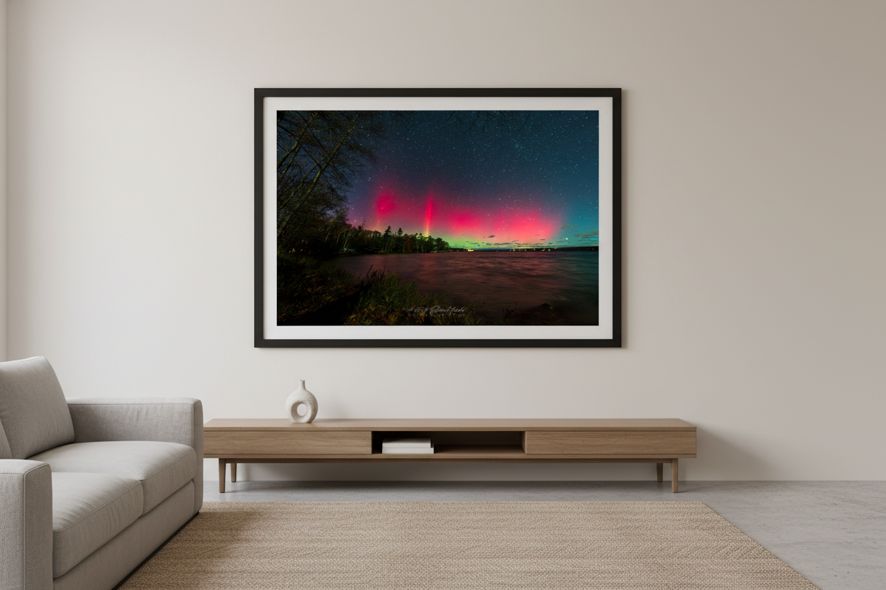 Large fine art print of two tall narrow crimson red aurora pillars rising over Lake Leelanau wooded shoreline from Leland Michigan November 8 2024 8:31pm with pink water reflection and starfield displayed in modern living room