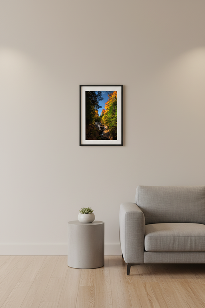 Small fine art portrait print of Sable Falls in autumn moonlight at Pictured Rocks displayed in modern living room