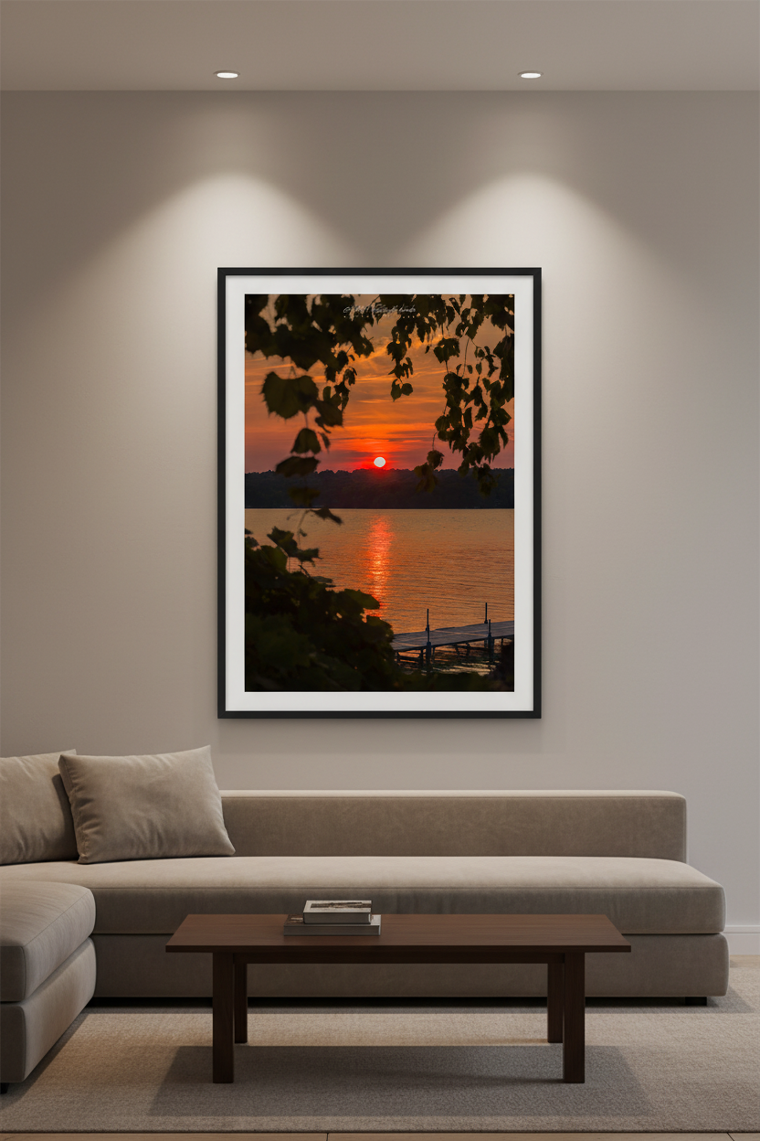 Large fine art portrait print of peaceful framed sunrise over Lake Leelanau Michigan with dock displayed in modern living room