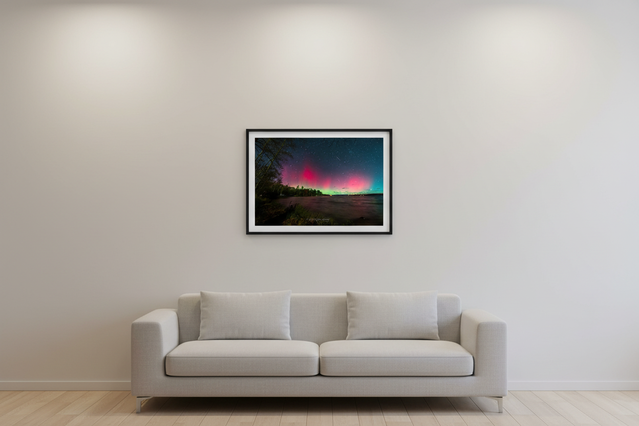 Small fine art print of split dual aurora structures with crimson left column and soft pink right glow over Lake Leelanau from Leland Michigan November 8 2024 8:33pm with meteor streak and water reflection displayed in modern living room